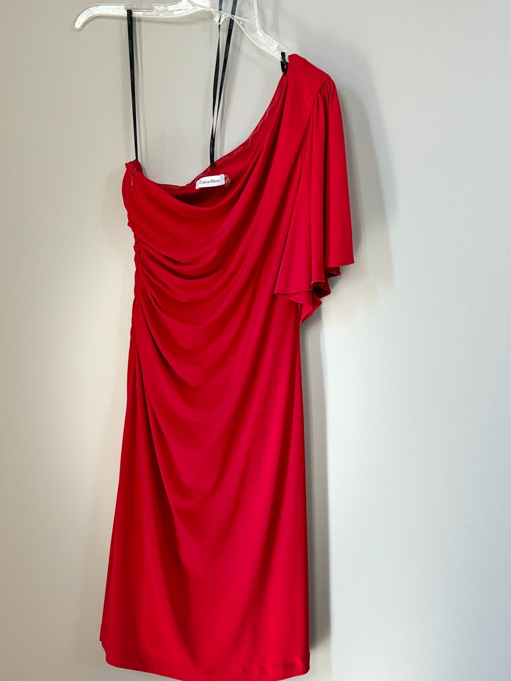 Calvin Klein Red Draped Cowl Neck Ruched Asymmetrical Dress Size 8